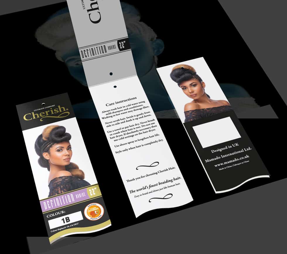 Swing ticket graphic design for Cherish Definition braids hair - design by Paul Cartwright Branding.