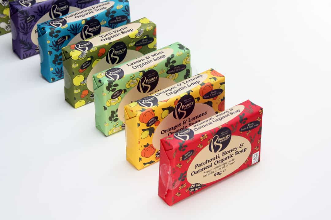 Paper soap wrapper packaging graphics for Beauty Kitchen – design development and artwork by Paul Cartwright Branding.