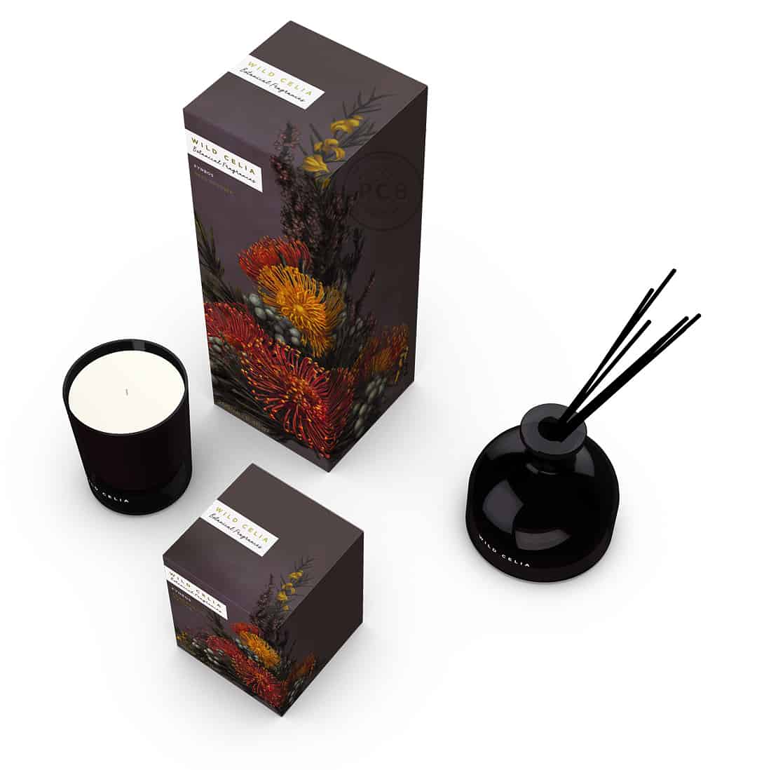 Home fragrance design of Wild Celia luxury scented product range – by Paul Cartwright Branding.