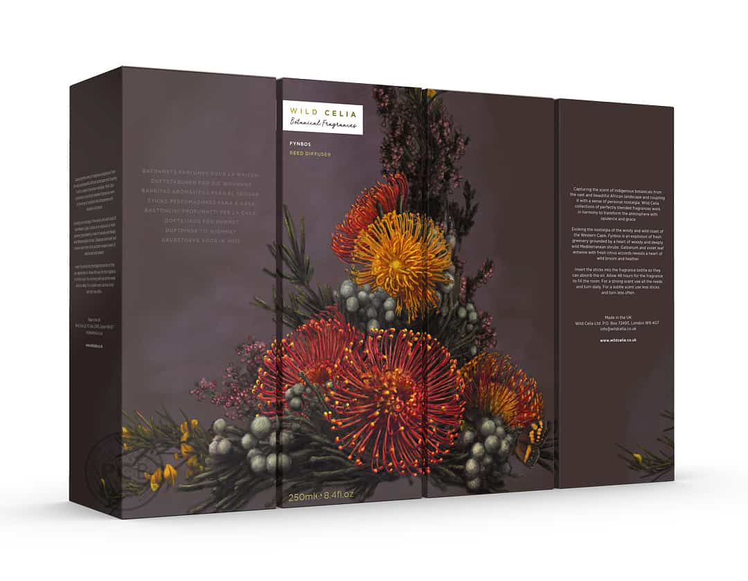 Group image of four cartons arrange to show large scale botanical images - designed by Paul Cartwright Branding.