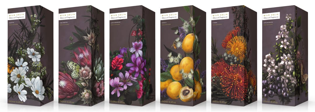 Home fragrance reed diffuser group image with packaging graphics design by Paul Cartwright Branding.