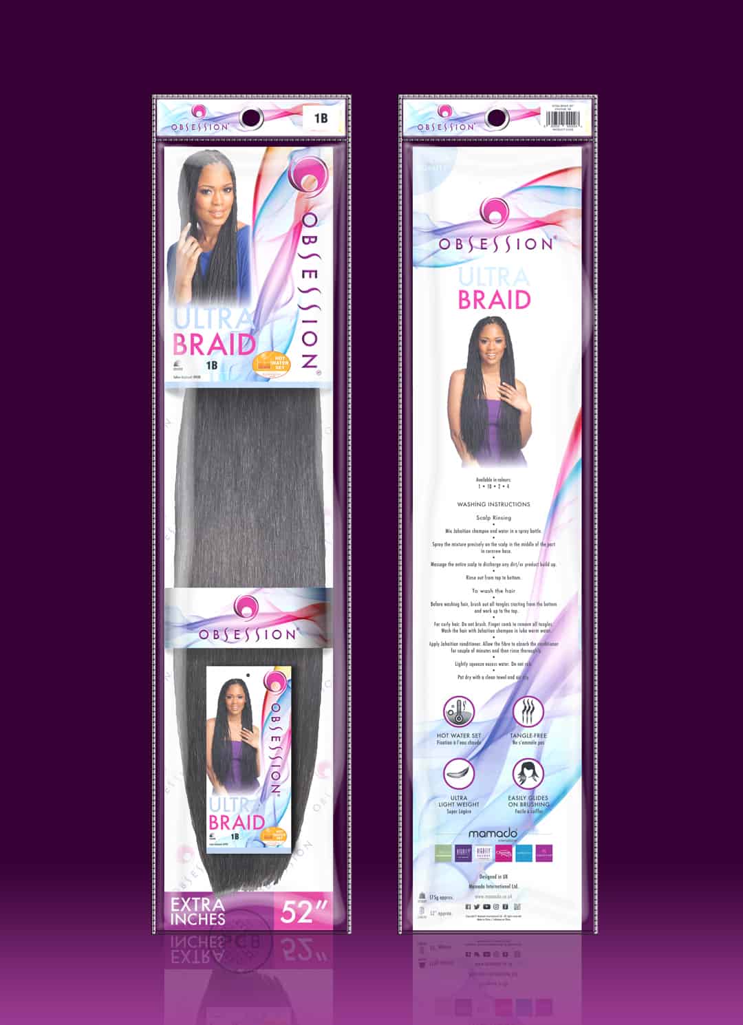 Hair extensions hanging pack visual showing front and reverse of new graphic design for Obsession Ultra Braids.