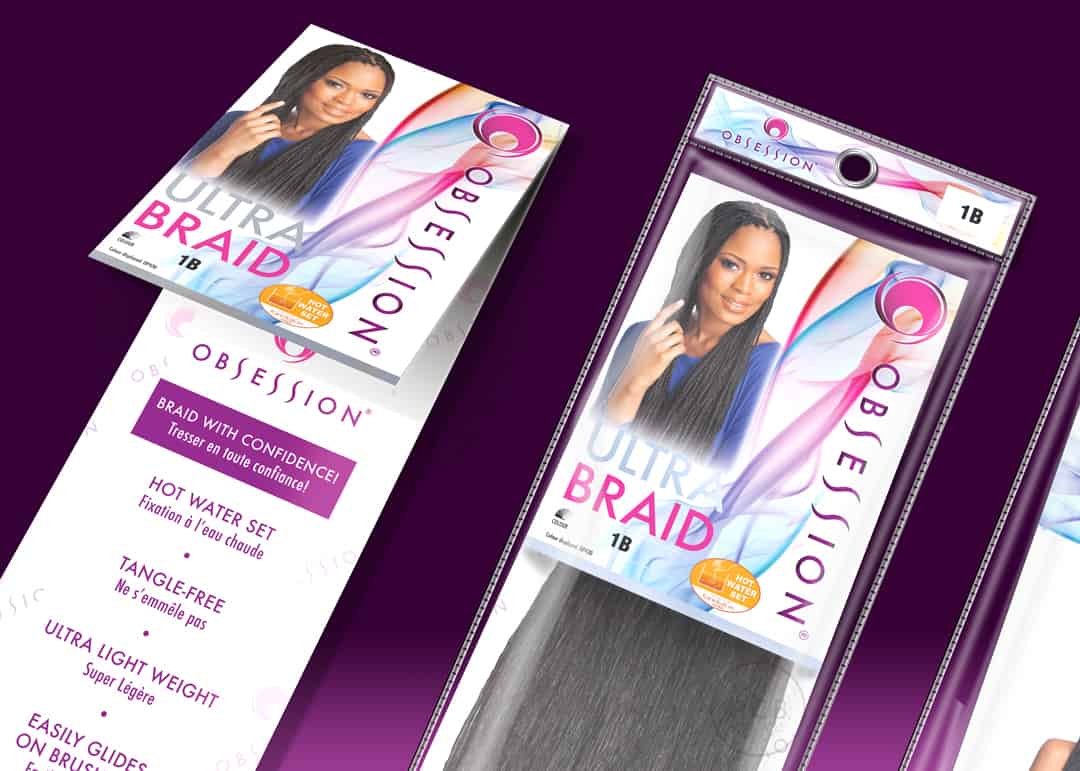 Hair braid extension product insert shown unfolded and inside PVC hanging bag.
