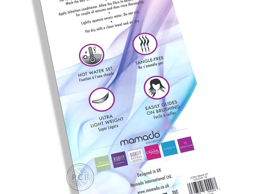 Reverse of hair braid packaging insert showing product benefit symbols.