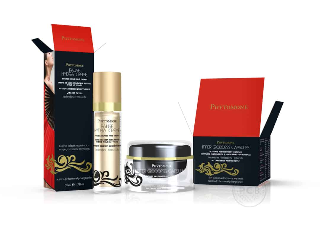 3D visual of Pause Hydra Creme primary product and Inner Goddess capsules and their cartons.