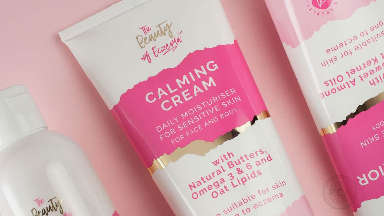 Close-up of Calming Cream tube eczema packaging graphics.