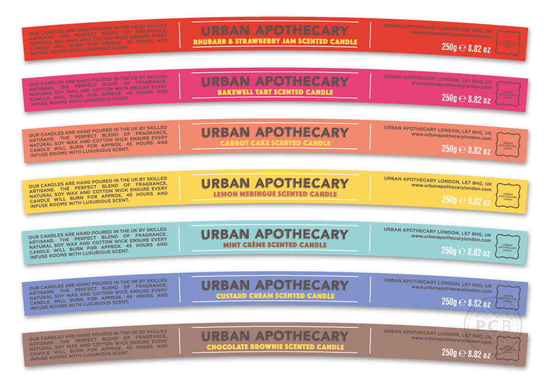 Bright, colourful, dessert-inspired adhesive labels for candle jar brand – Urban Apothecary.