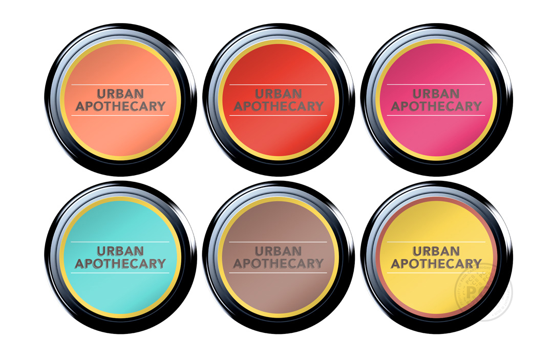 Plan view of six candle jars featuring colourful self-adhesive labels for fragranced candle range.