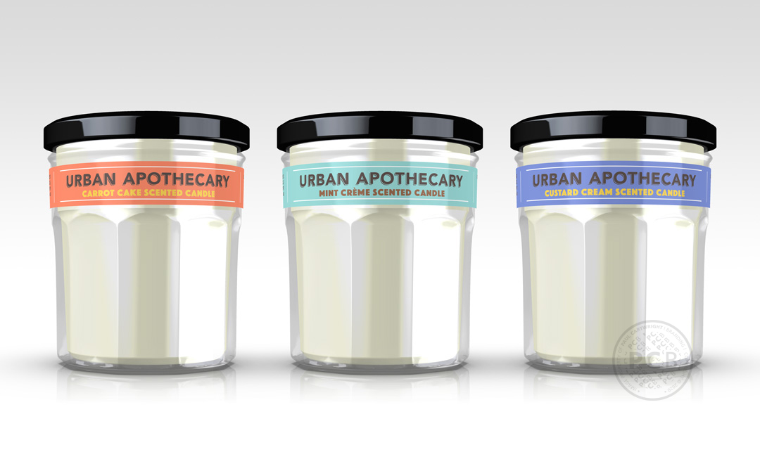 Funky dessert-fragranced candle label designs for Urban Apothecary designed by Paul Cartwright Branding.