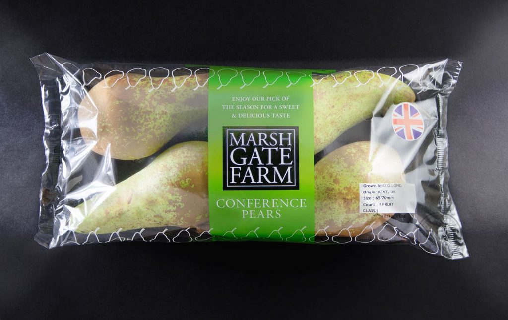 Pre-packed conference pear pack for Marshgate Farm designed by Paul Cartwright Branding.