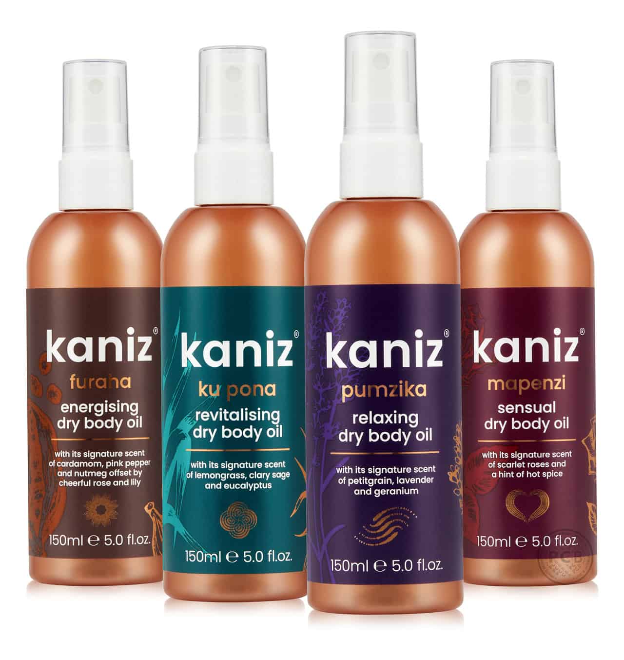 Image of four dry body oil products for Kaniz brand.