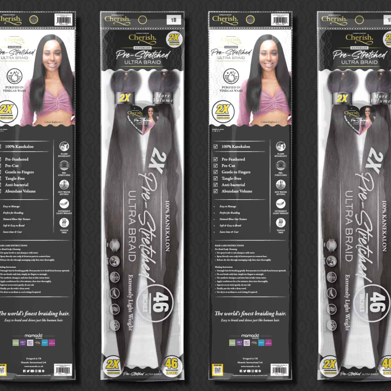 Front and back visuals of pre-stretched braid product packaging