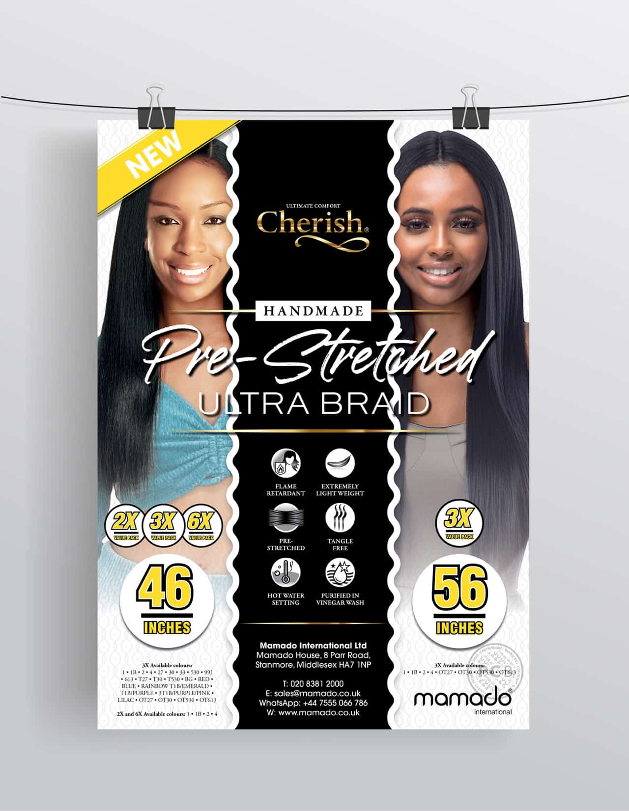 Poster showing two female models wearing pre-stretched ultra braid hair products.