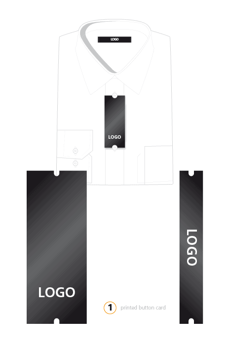 Diagram of men's formalwear product branding design concepts for two folded shirts.