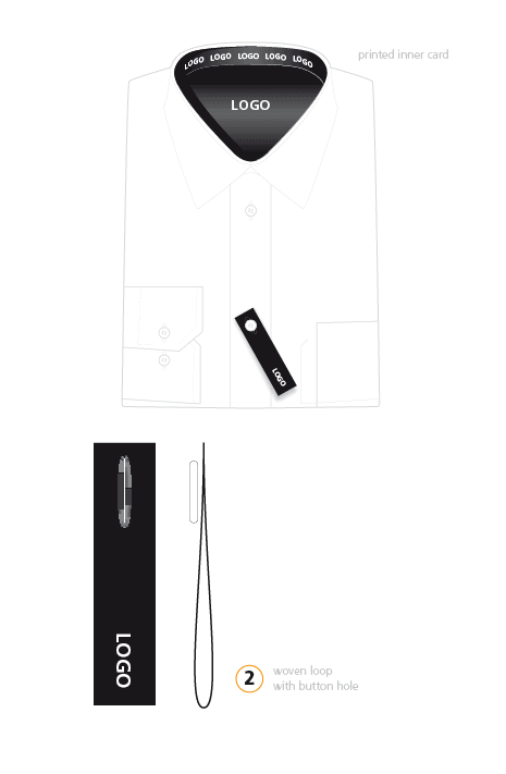 Diagram of men's formalwear product branding design concepts for a folded shirt.