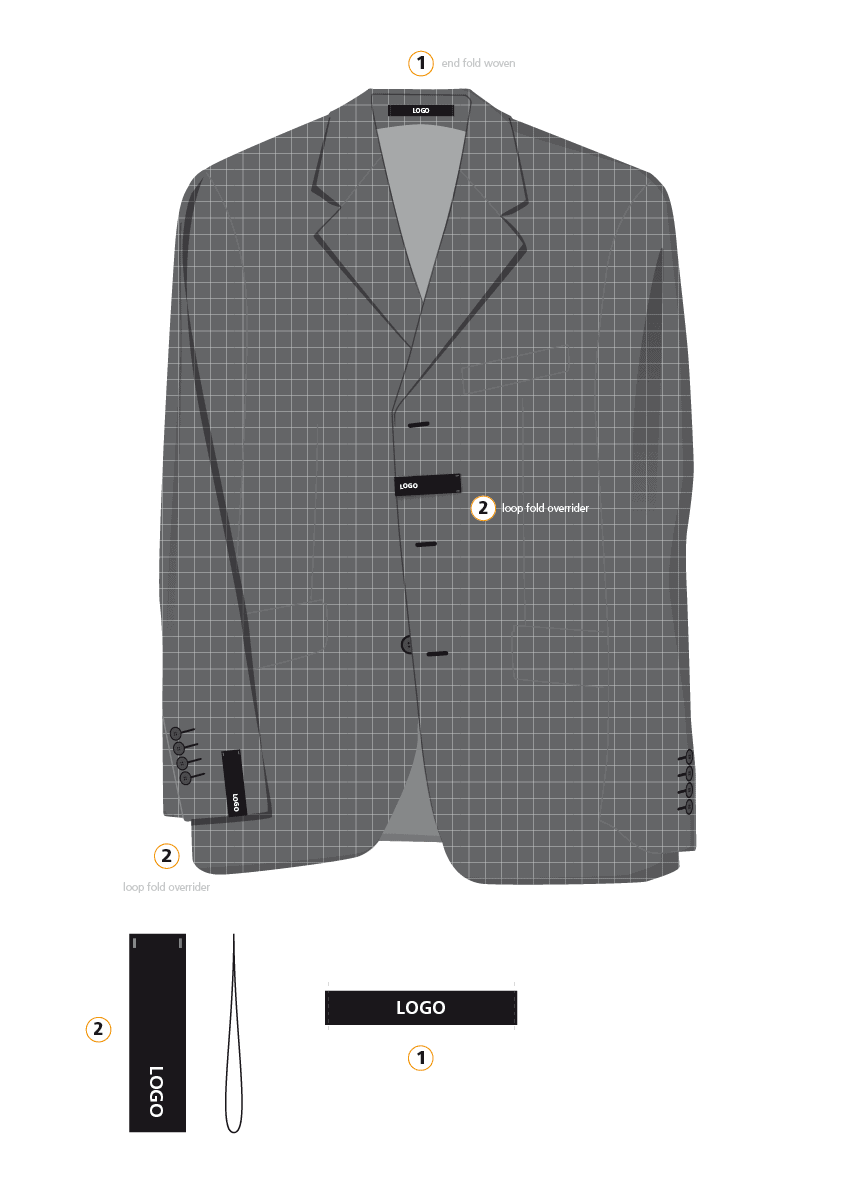 Illustration of a jacket with design concepts for men's formalwear product branding.