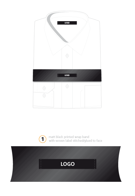 Diagram of folded shirts showing options on use of woven labels and printed wrap band for shirt-based men's formalwear product branding