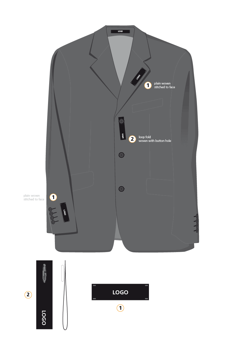 Illustration of men's jacket with woven logo labels positioned for purposes of men's formalwear product branding.