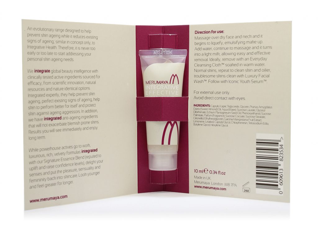 View of inside of skincare product tester card booklet.