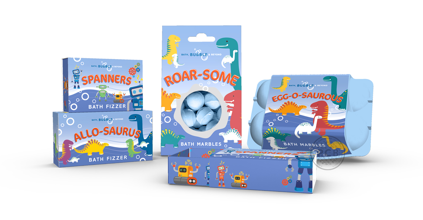 Packaging image of children's bath fizzer and soap products for Bath Bubble and Beyond.