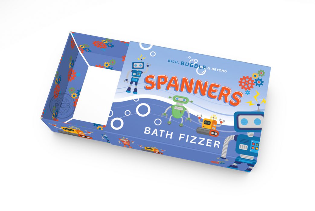 Close-up of matchbox-style carton for children's fun bath fizzer product.