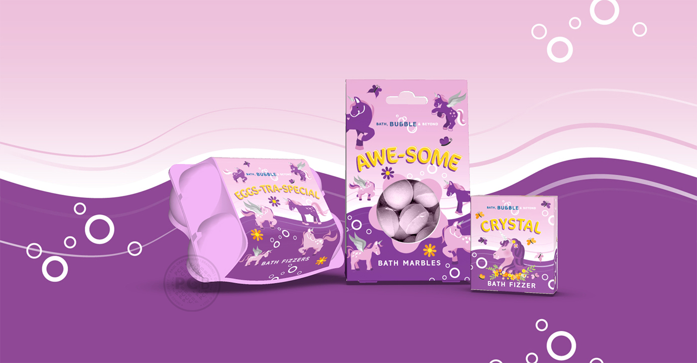 Novelty bath bomb product graphics for Bath Bubble and Beyond shown on brightly coloured background.