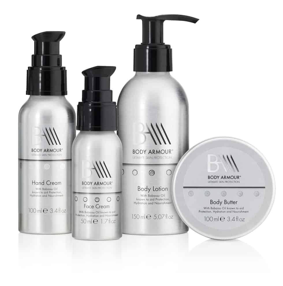 Line-up of four aluminium skincare products featuring labelling and artwork by Paul Cartwright Branding.