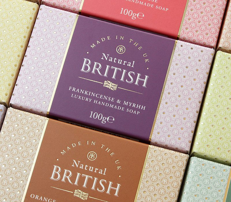 Natural British soap packaging graphics and logo design by Paul Cartwright Branding.