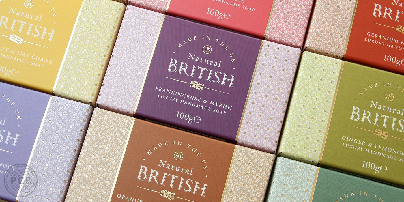 Natural British soap packaging graphics and logo design by Paul Cartwright Branding.