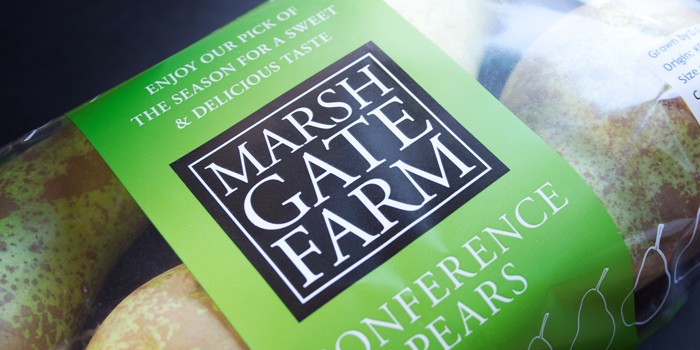 Close-up of Marshgate Farm logo on a pack of pears.