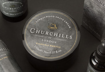 Mens shave cream product lid label for Churchills of London.