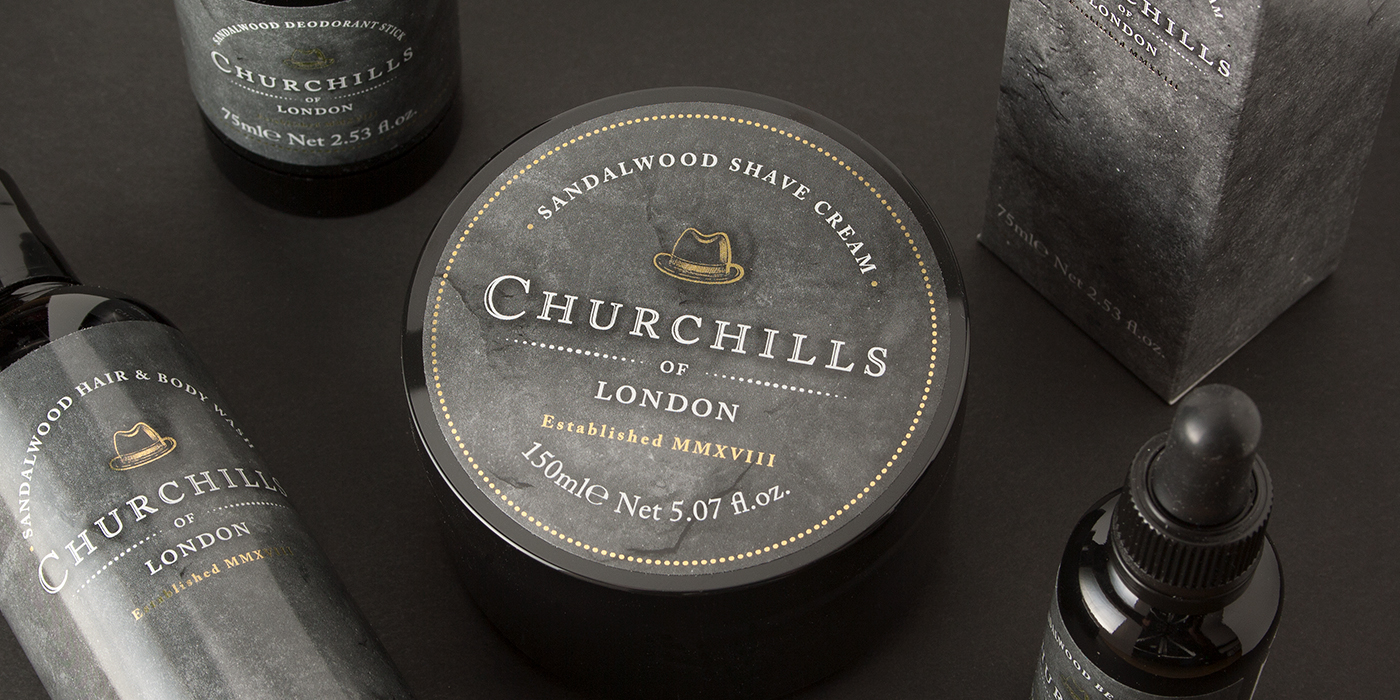 Mens shave cream product lid label for Churchills of London.