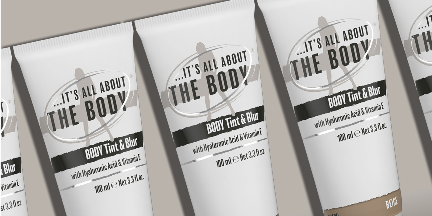 Body make-up brand identity design image showing line-up of moisturiser tubes.