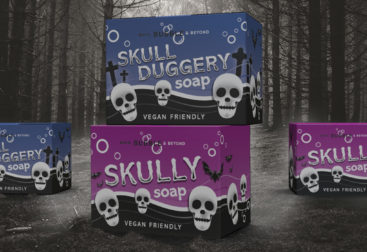Spooky design visual showing graphics for skull-shaped novelty soap cartons designed by Paul Cartwright Branding.