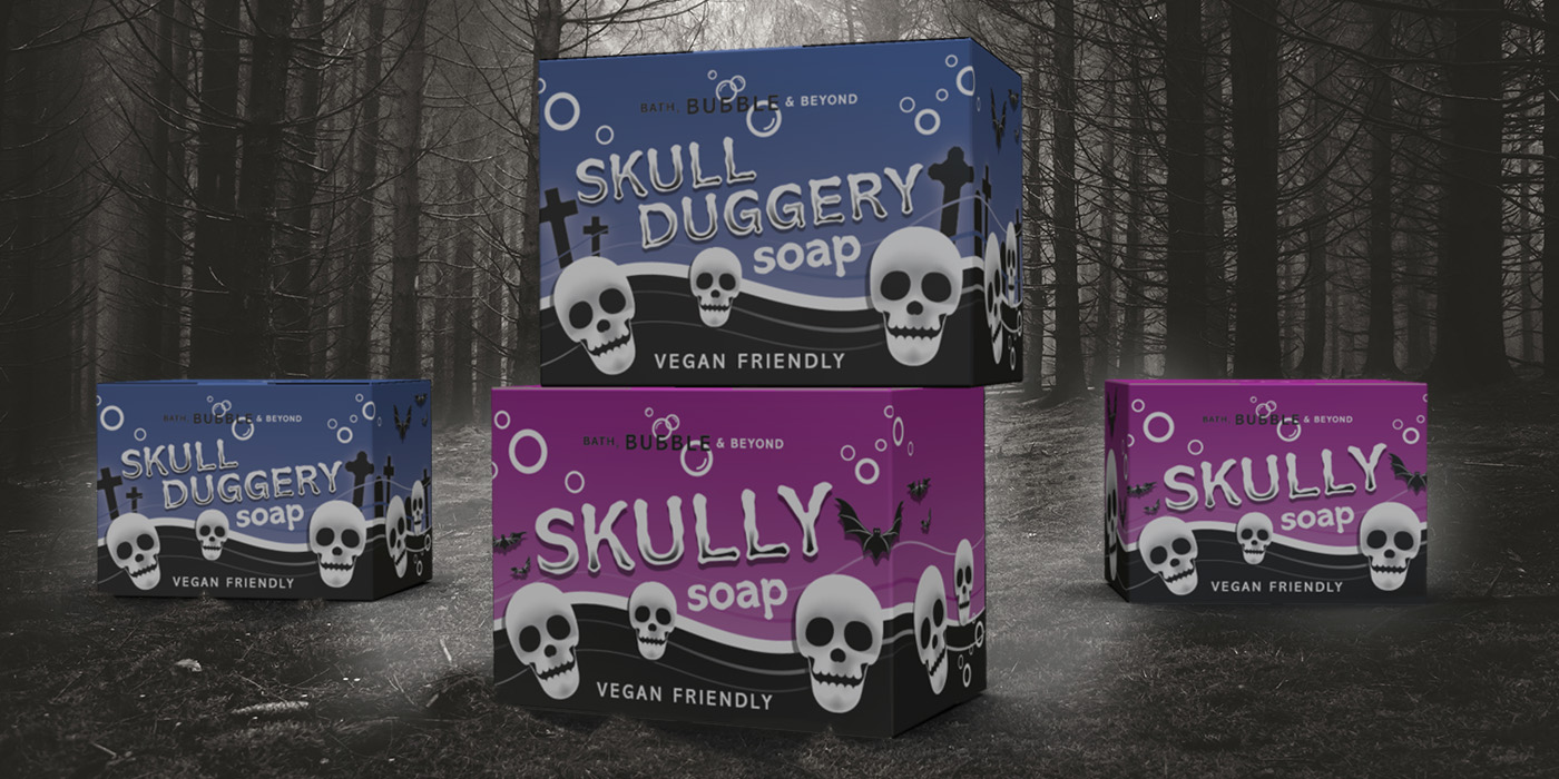 Spooky design visual showing graphics for skull-shaped novelty soap cartons designed by Paul Cartwright Branding.