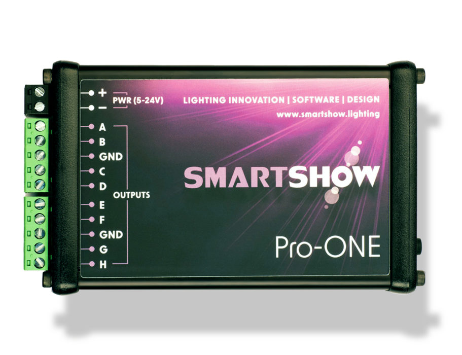 Plan view of SmartShow LED lighting controller product showing refreshed logo and label graphics – designed by Paul Cartwright Branding.