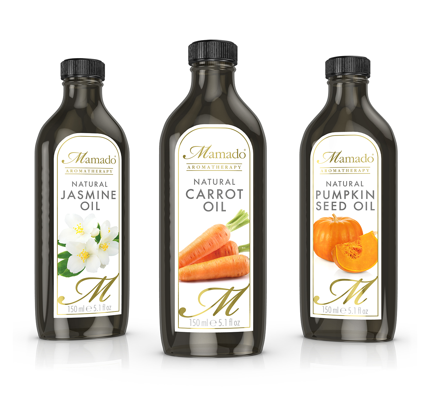 3D design visual of three bottles of essential oil; Jasmine, Carrot and Pumpkin Seed oils. Label graphics design by Paul Cartwright Branding.