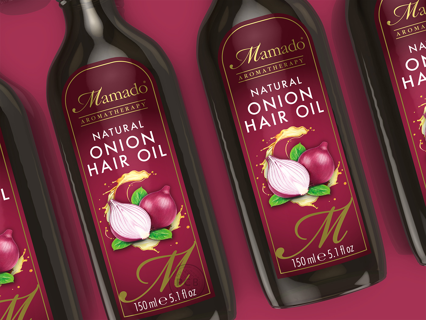 Close-up of 3D visual of Red Onion Hair Oil essential oils product for Mamado Aromatherapy.