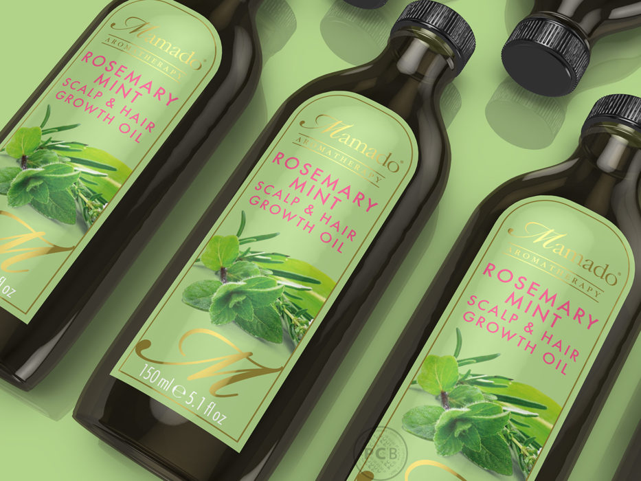 Image of 3D visual of Mamado Rosemary Mint Hair Oil with coloured background and coloured text to label graphics.