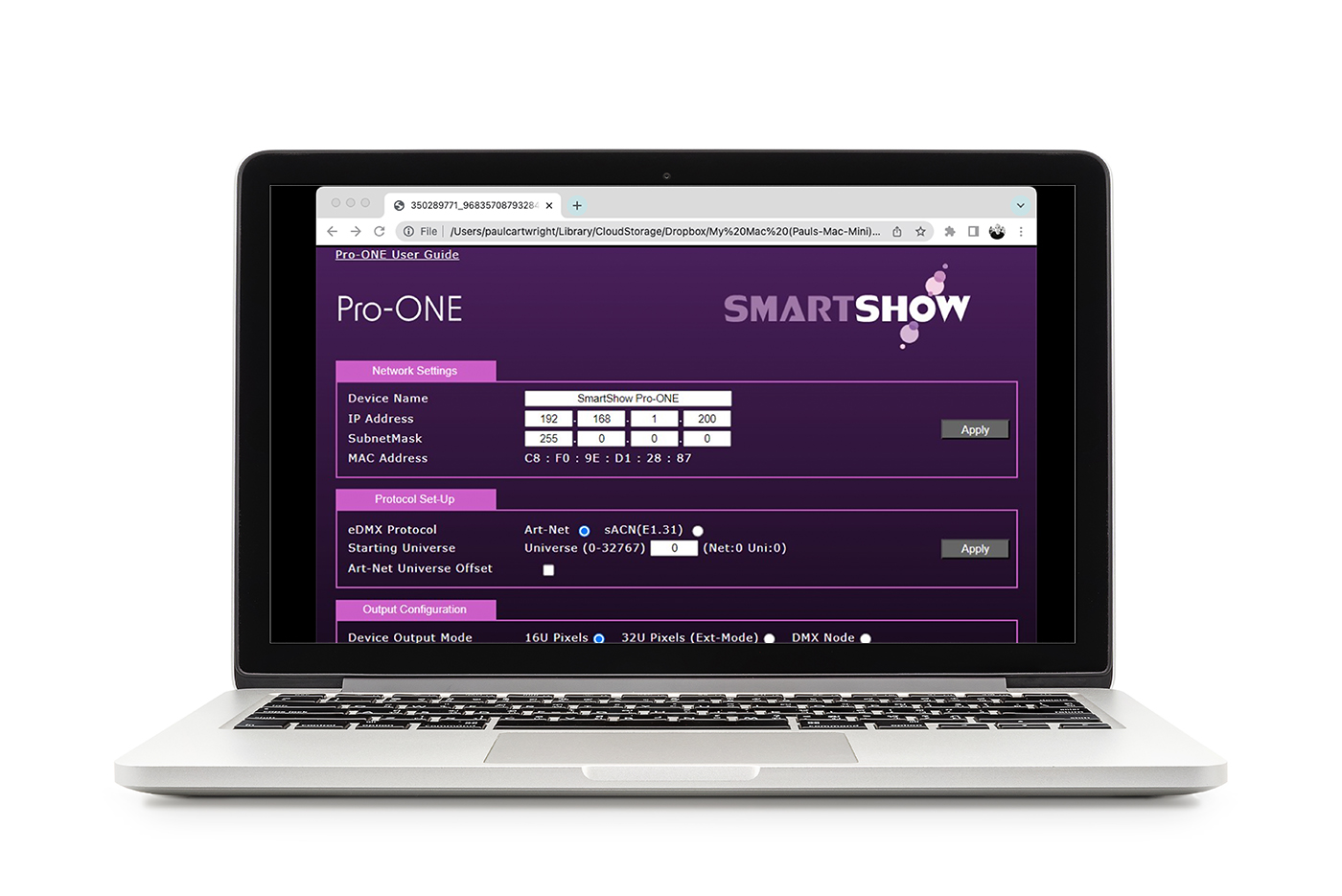 Example page of the lighting controller's built-in web interface – featuring the'Pro-One' and SmartShow logos.