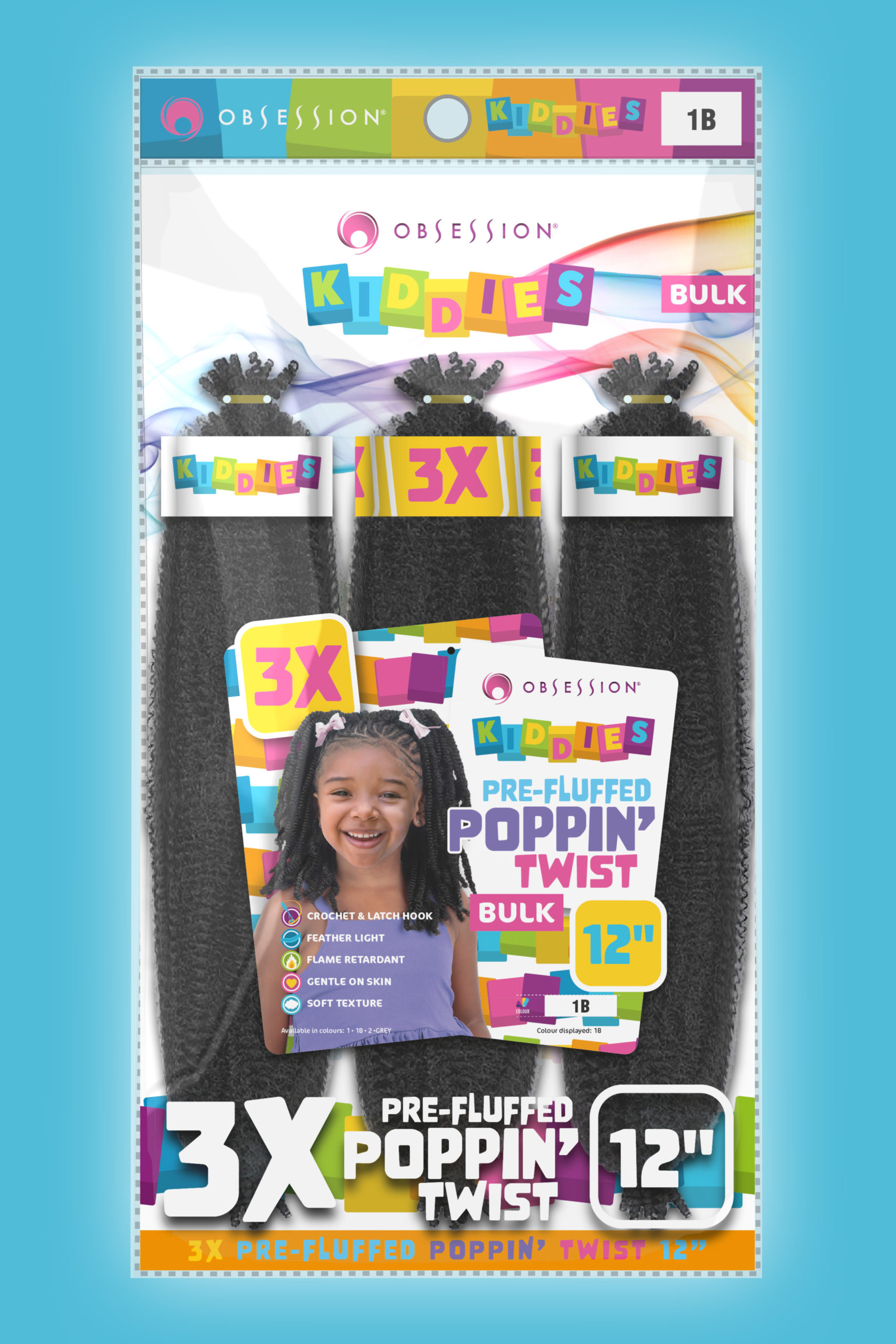 Visual of front of a pack of Obsession kids pre-fluffed poppin twists, showing header and insert card and large scale swing ticket. Graphics designed by Paul Cartwright Branding.