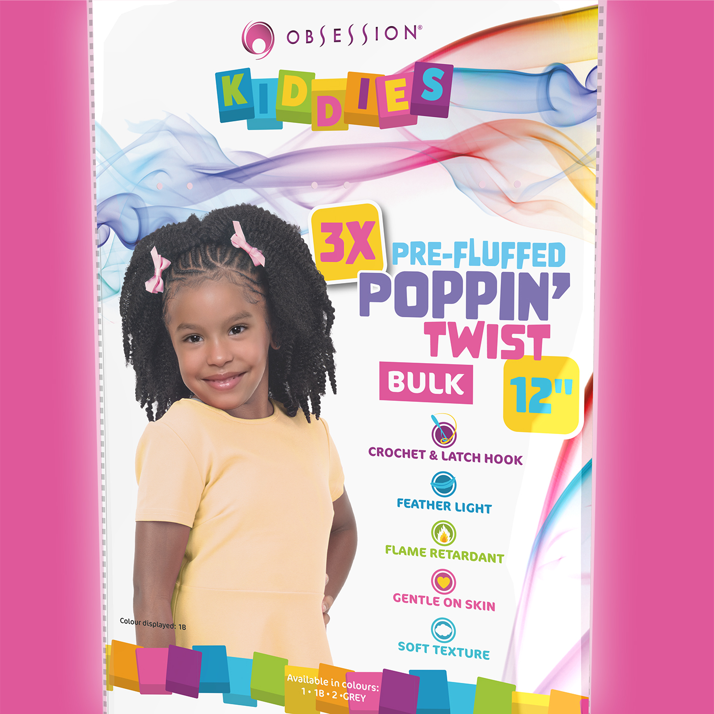 Visual of back of a pack of Obsession kids pre-fluffed poppin twists, showing features and benefits icons as designed by Paul Cartwright Branding.