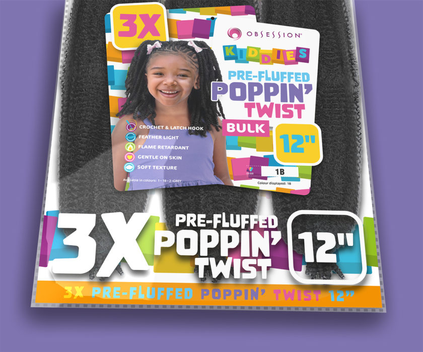 Visual of lower half of a pack of kids pre-fluffed poppin twists, showing large scale swing ticket and printed graphics on the PVC hanging outer bag. Graphics designed by Paul Cartwright Branding.