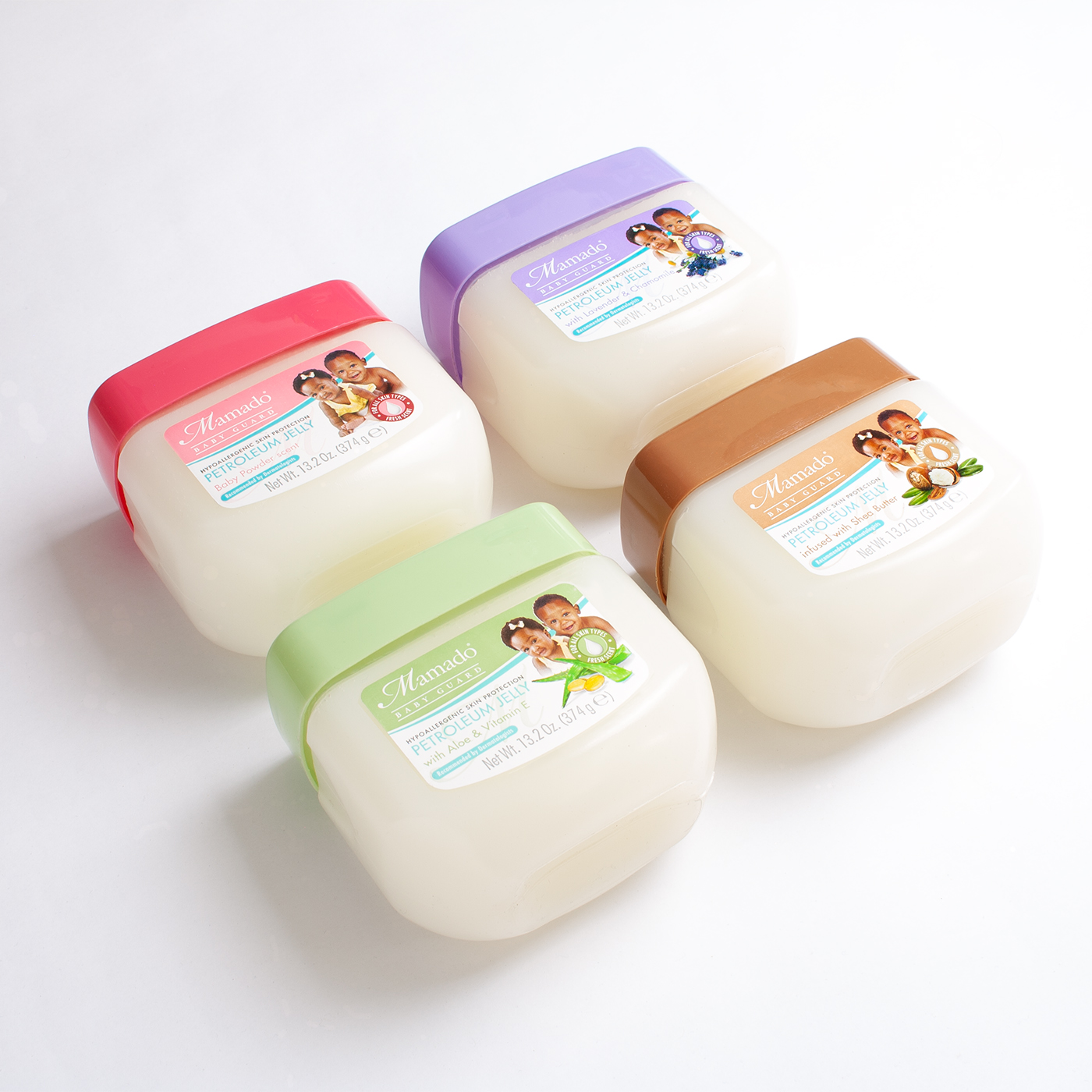 Baby care label identity design project for Mamado Baby Guard's range of fragranced petroleum jelly baby skin products.