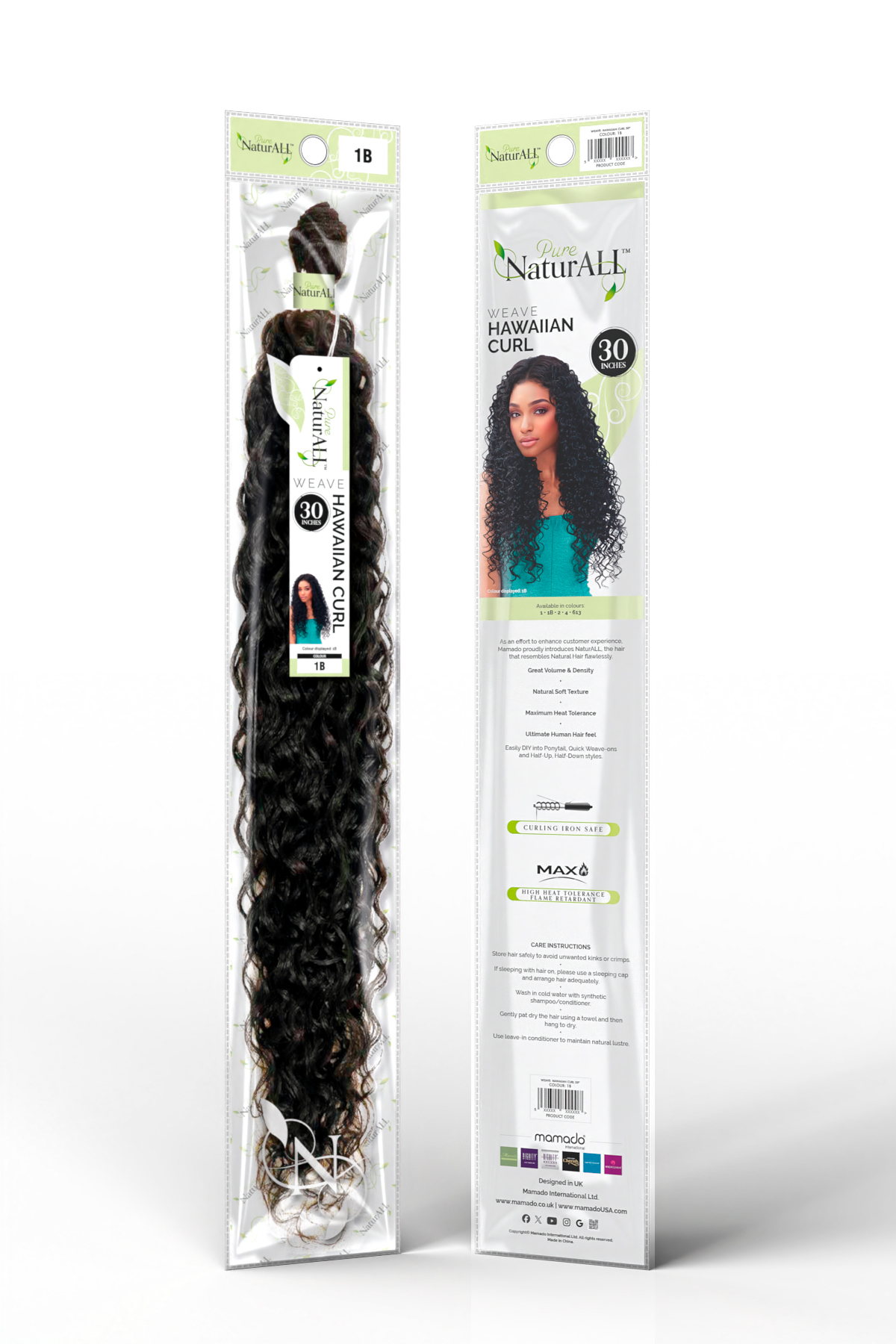 Visual of front and back of a NaturALL Hawaiian Curl weave hair pack as created by Paul Cartwright Branding.