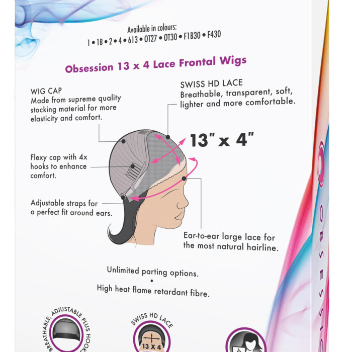 Close-up of back of a lace frontal wig box with graphics showing the various features and benefits of the the new range of 13" x 4" wigs.