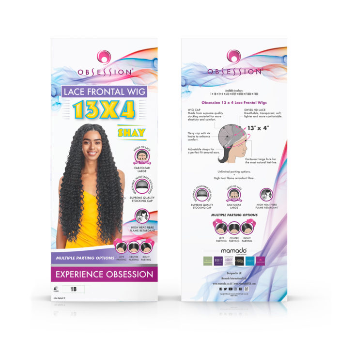 Front and back views of lid and base box featuring pack graphics for Obsession's new range of 13x4 lace frontal wigs. Designed by Paul Cartwright Branding.
