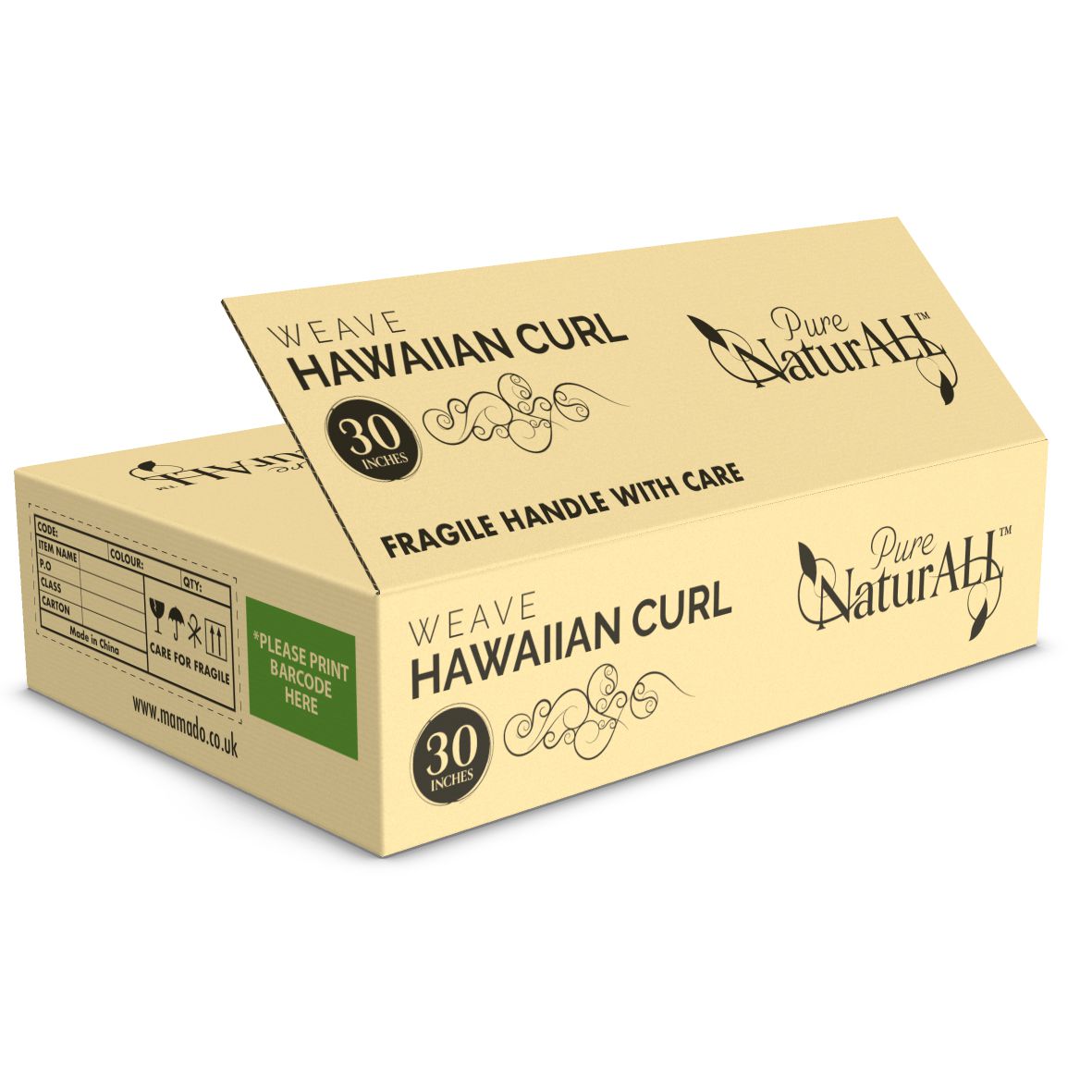 Shipping carton for Hawaiian Curl 30" weave hair for the NaturALL hair brand. Designed by Paul Cartwright Branding.